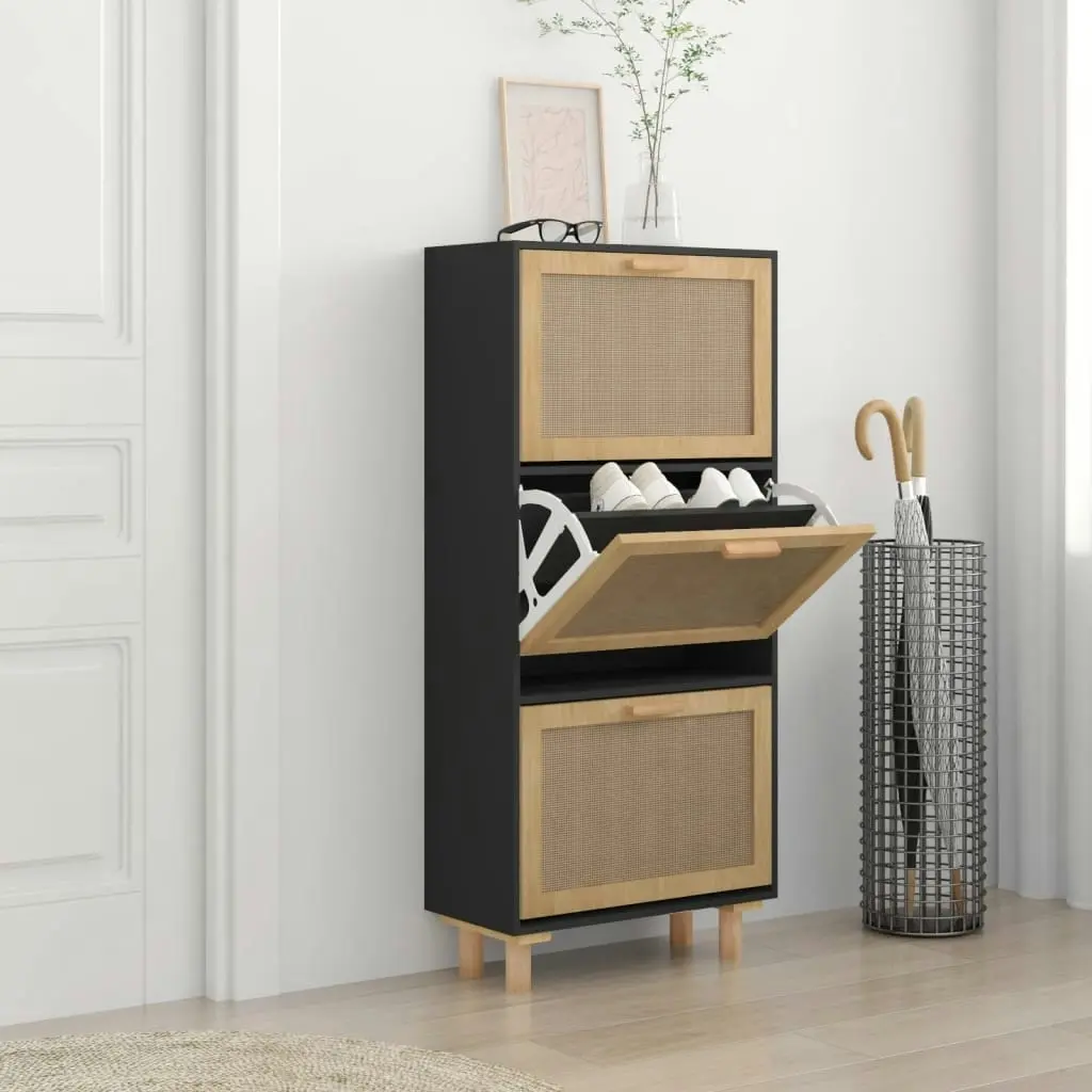 Shoe Cabinet Black 52x25x115 cm Engineered Wood and Natural Rattan 345649