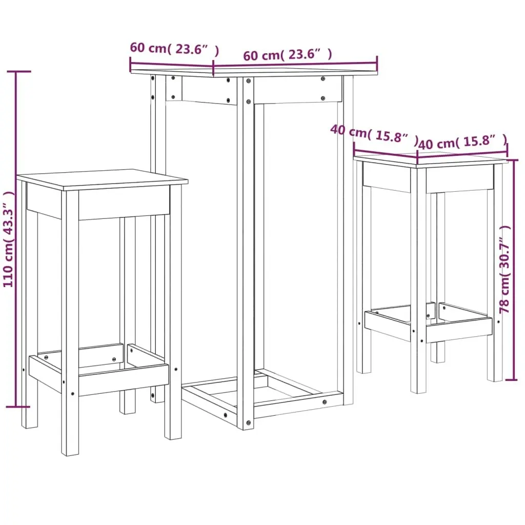 3 Piece Bar Set White Solid Wood Pine 3124728