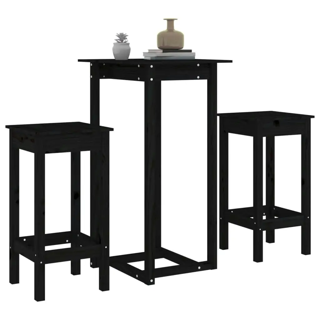 3 Piece Bar Set Black Solid Wood Pine 3124731