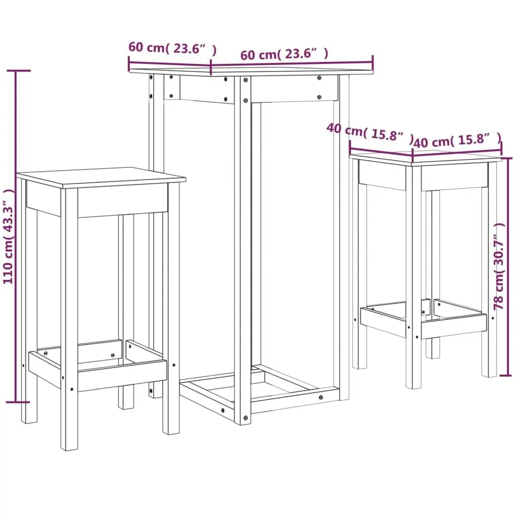 3 Piece Bar Set Black Solid Wood Pine 3124731