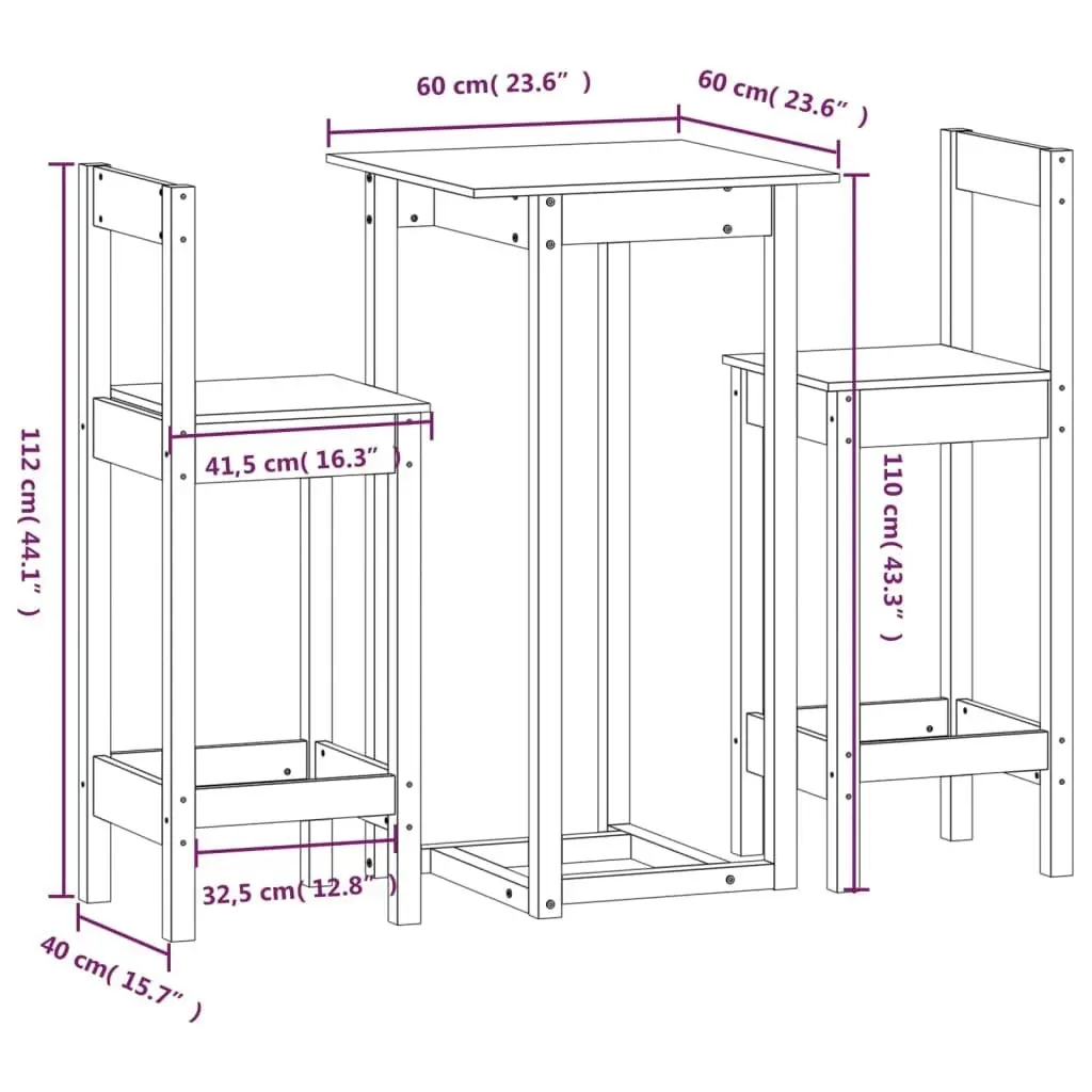 3 Piece Bar Set Black Solid Wood Pine 3124736