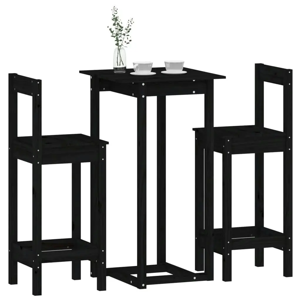 3 Piece Bar Set Black Solid Wood Pine 3124736