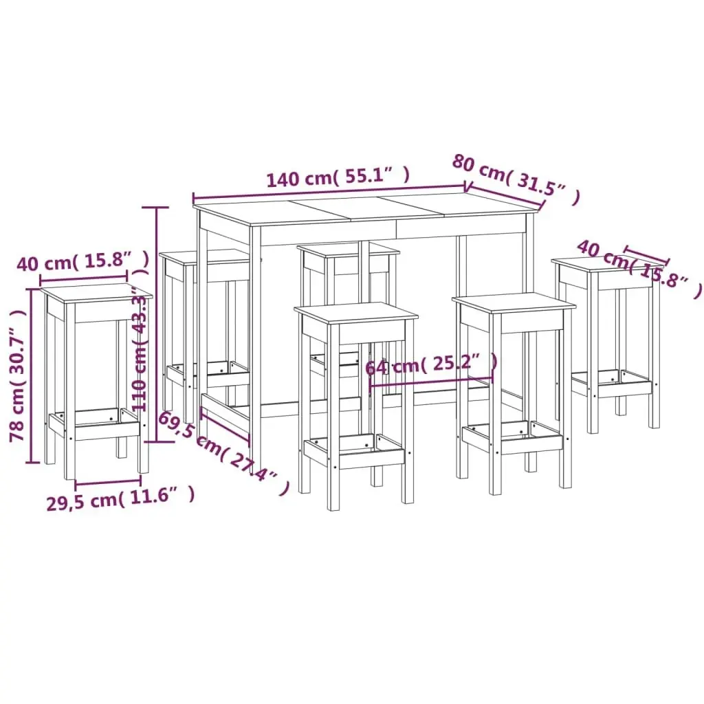 7 Piece Bar Set Solid Wood Pine 3124707