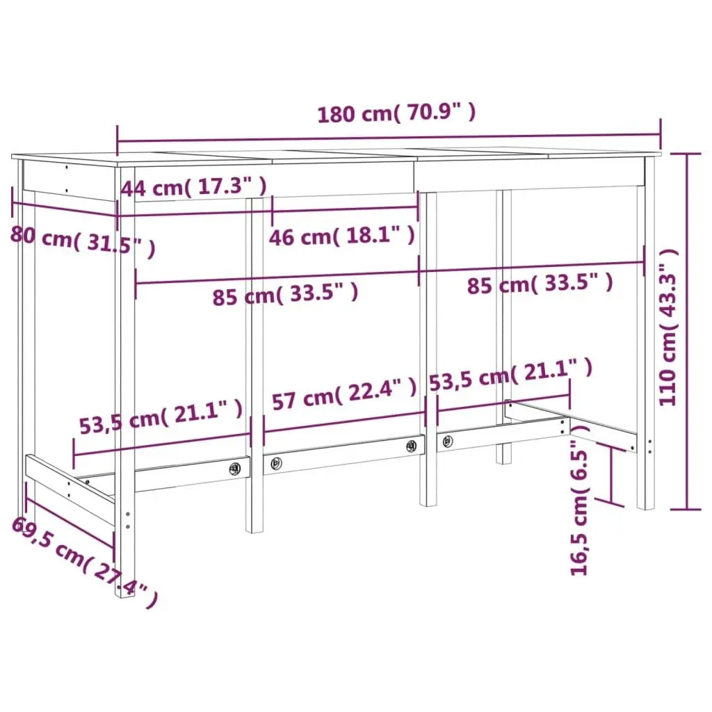 Bar Table 180x80x110 cm Solid Wood Pine 822162