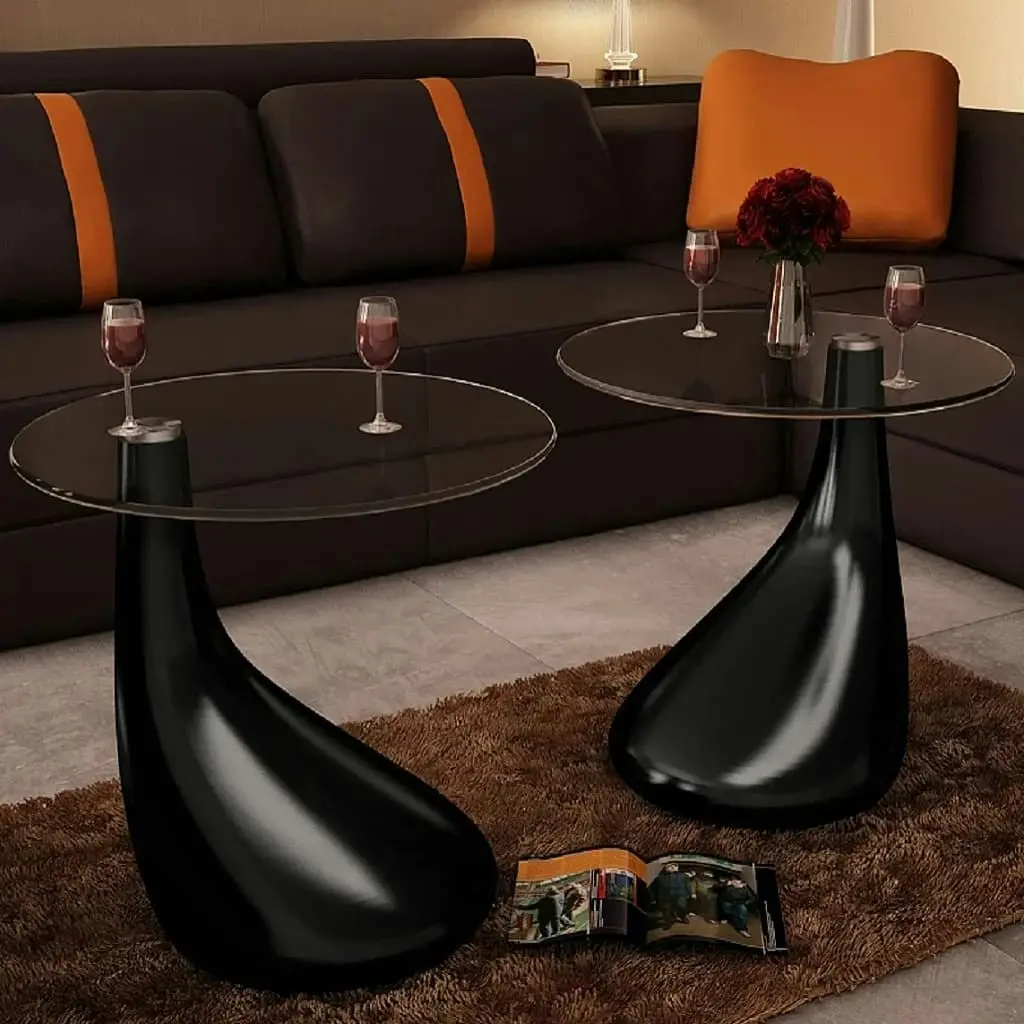 Coffee Table 2 pcs with Round Glass Top High Gloss Black 240323