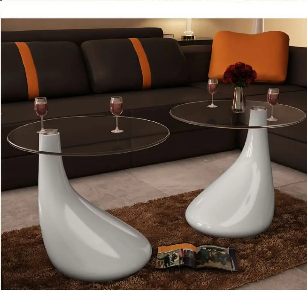 Coffee Table 2 pcs with Round Glass Top High Gloss White 240322