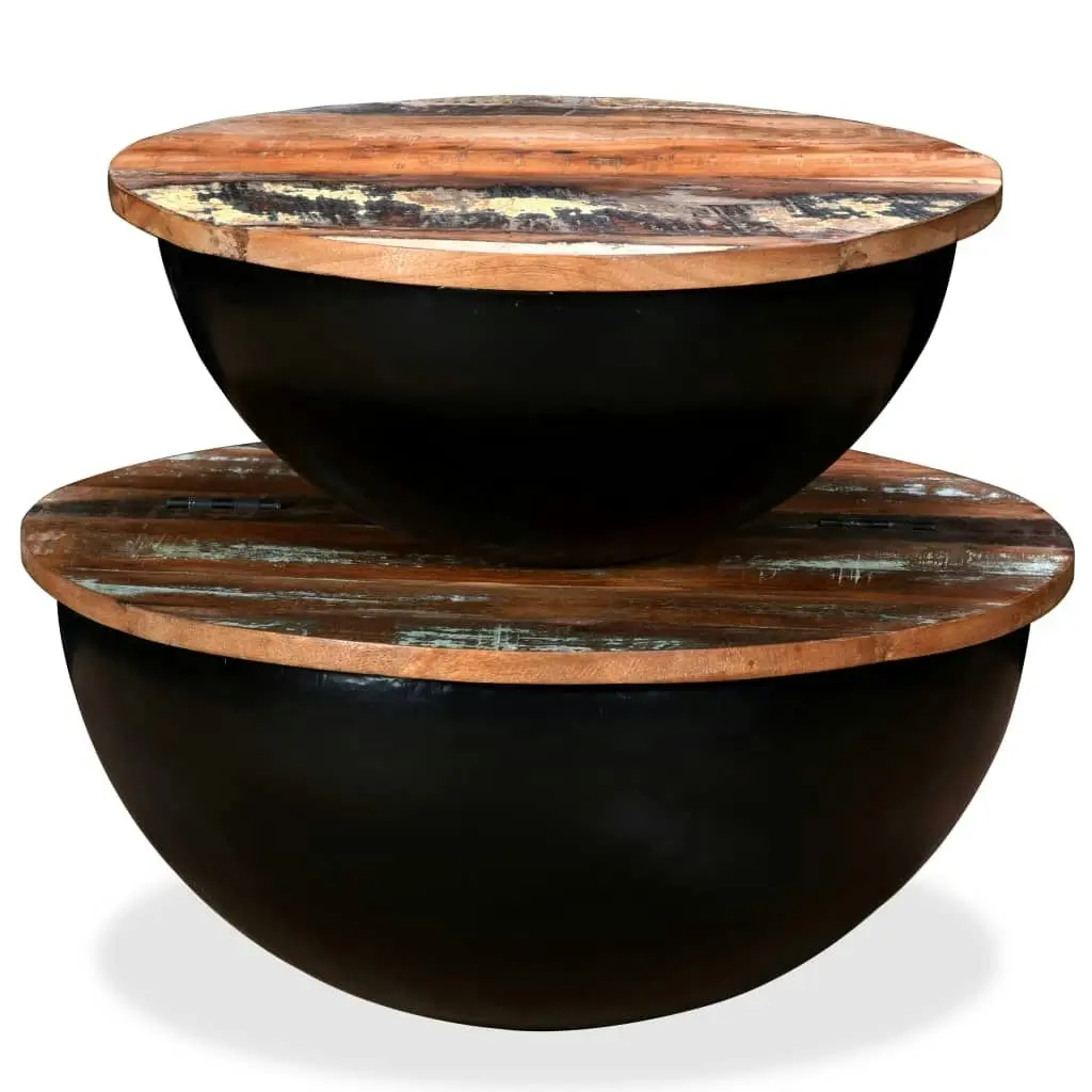 Coffee Table Set 2 Pieces Solid Reclaimed Wood Black Bowl Shape 245257