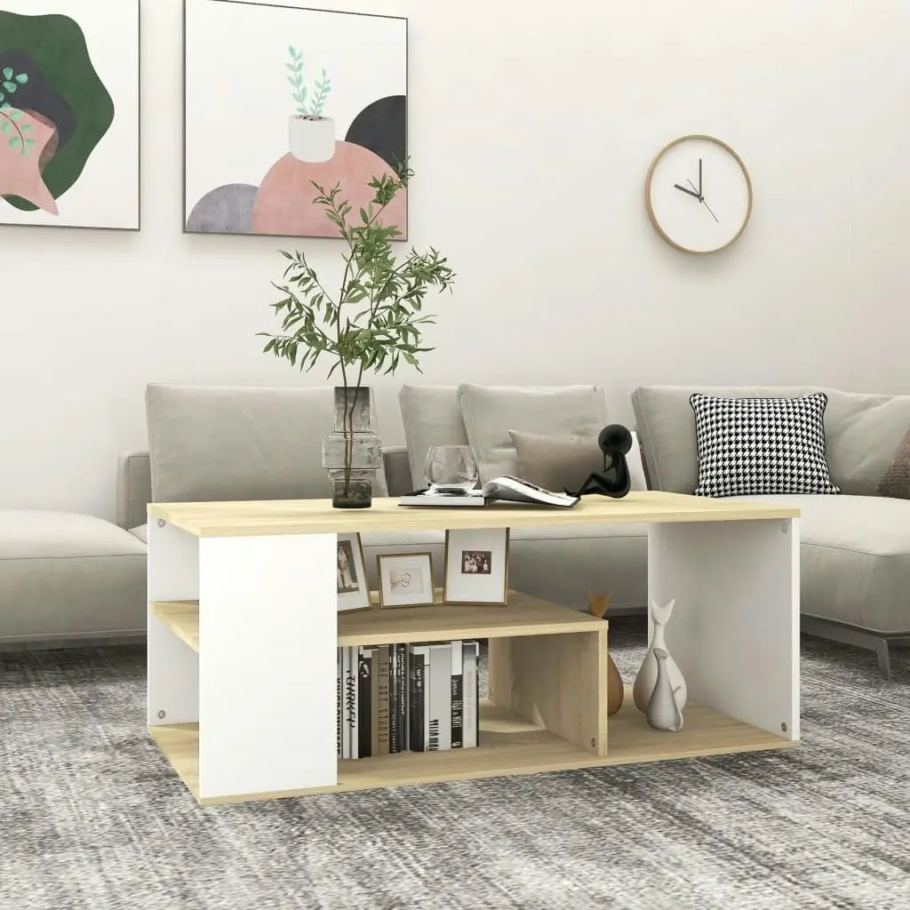 Coffee Table White and Sonoma Oak 100x50x40 cm Engineered Wood 806926