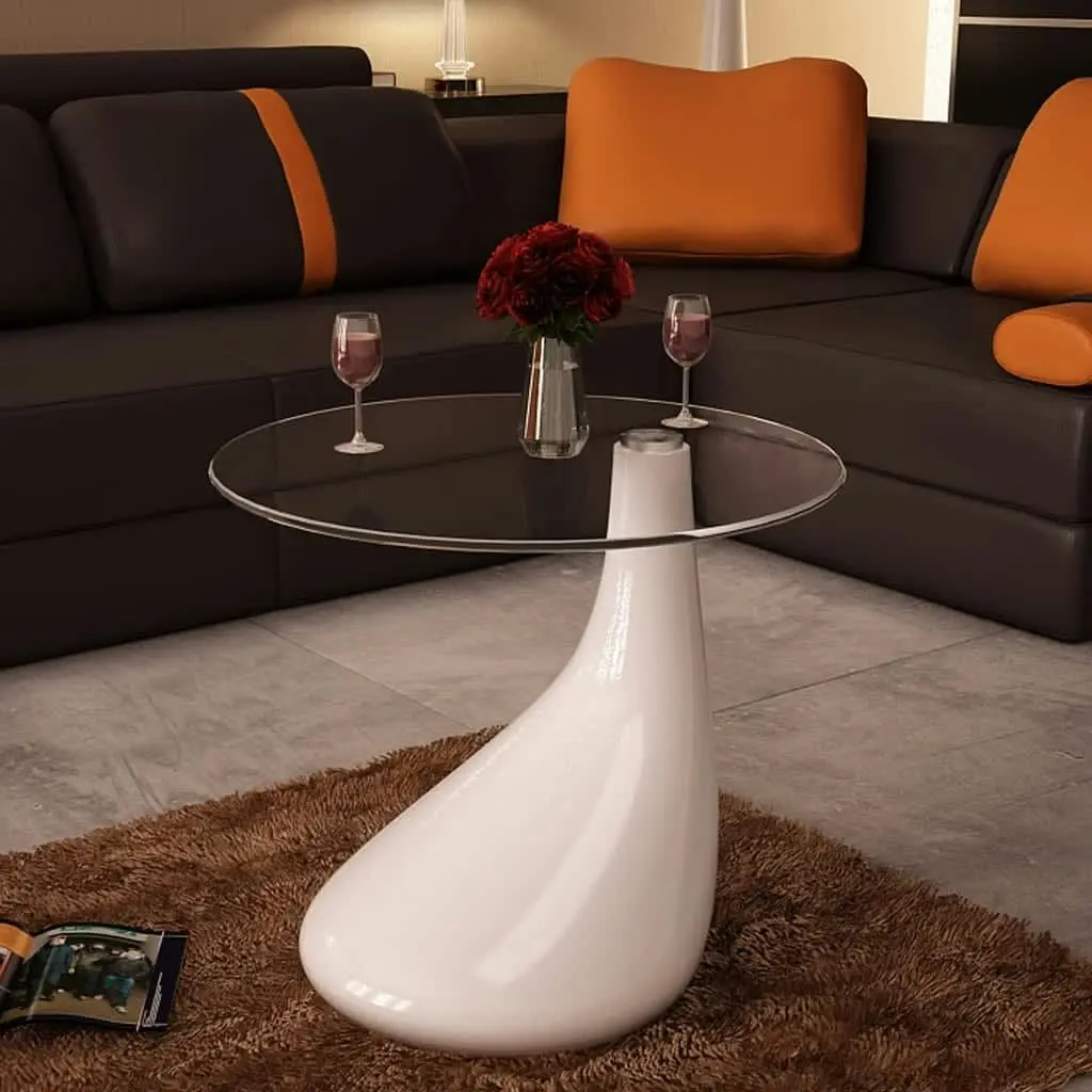 Coffee Table with Round Glass Top High Gloss White 240320