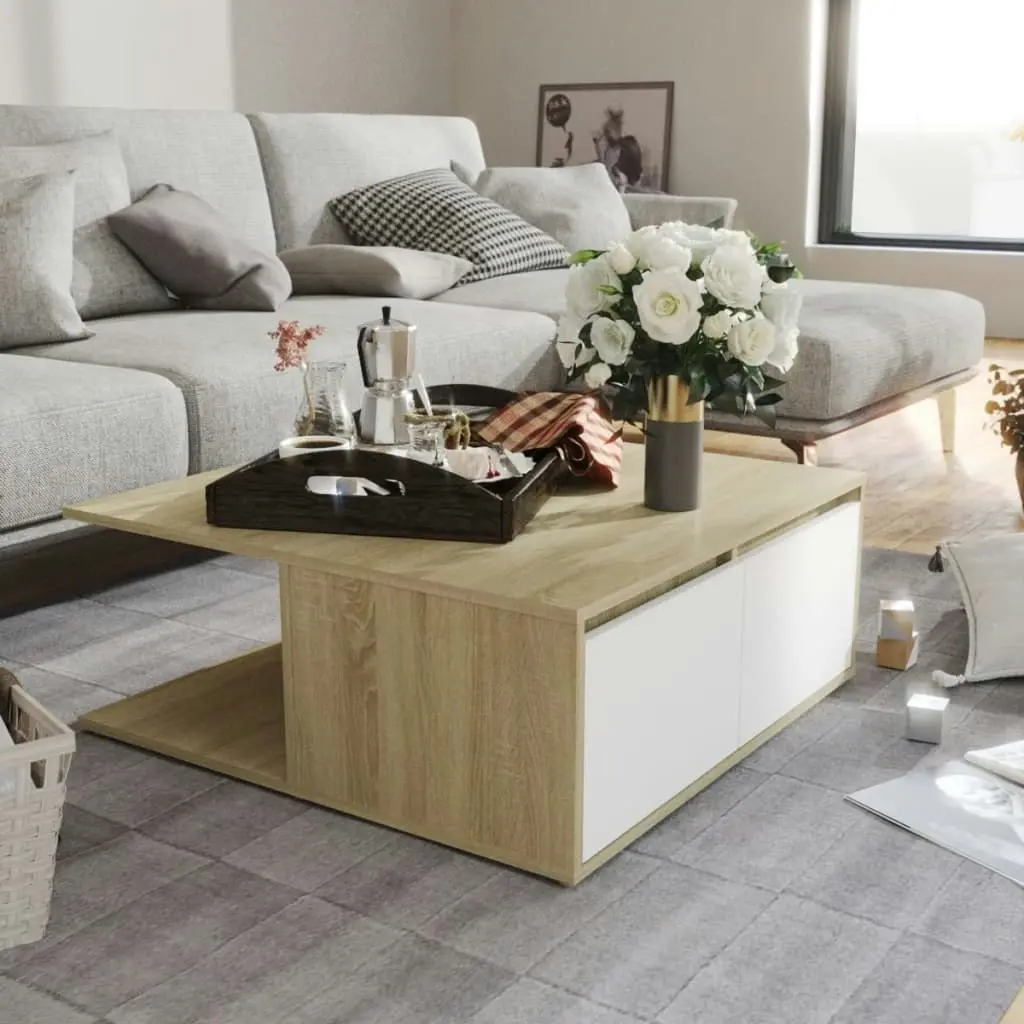 Coffee Table White and Sonoma Oak 80x80x31 cm Engineered Wood 806881