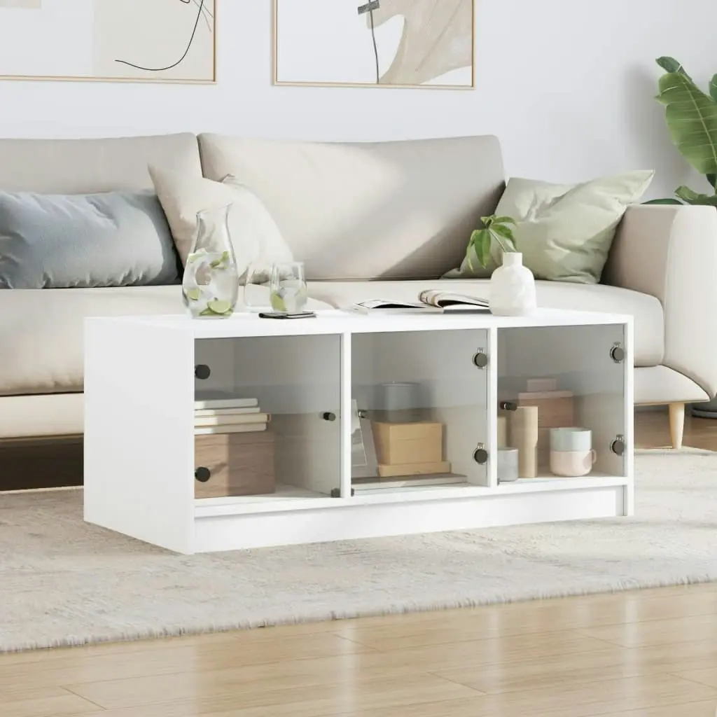 Coffee Table with Glass Doors White 102x50x42 cm 836413