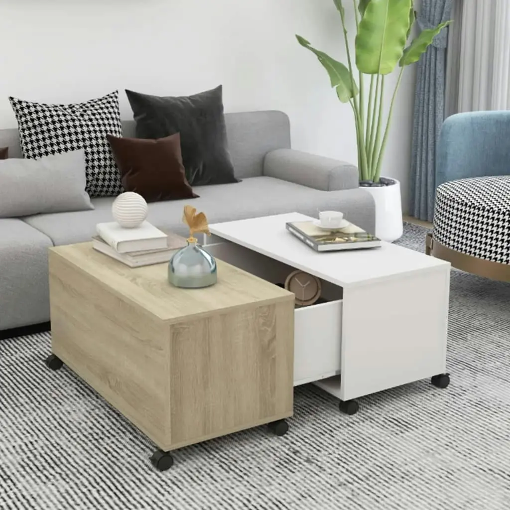 Coffee Table White and Sonoma Oak 75x75x38 cm Engineered Wood 806872