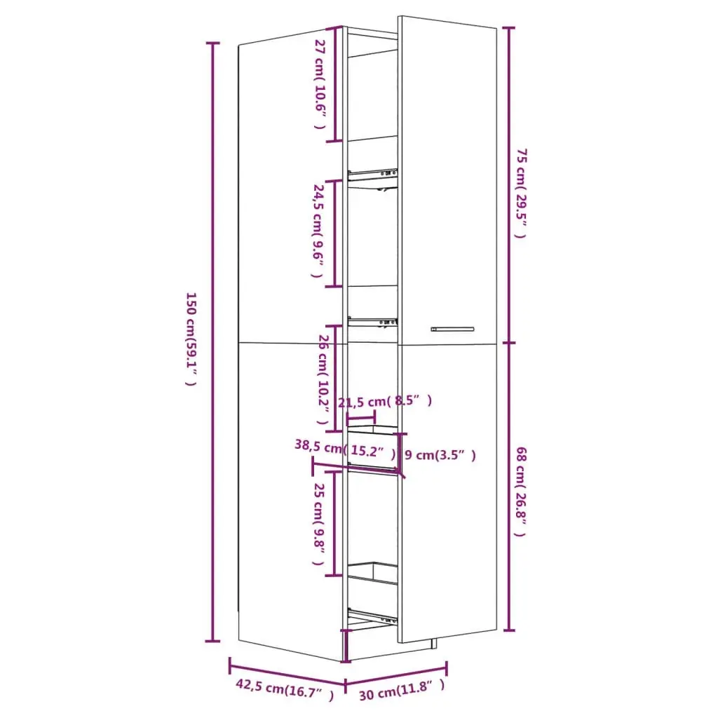 Apothecary Cabinet White 30x42.5x150 cm Engineered Wood 804220