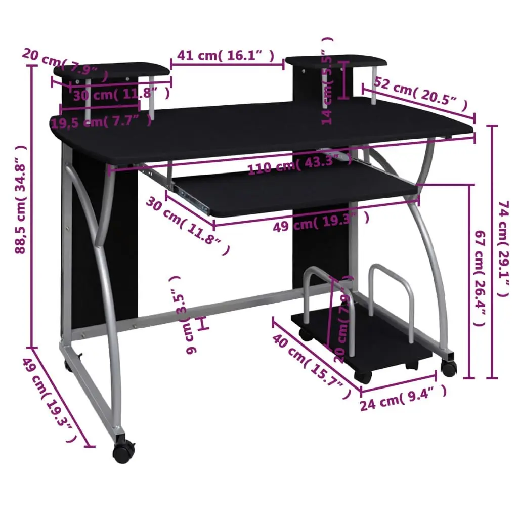 Computer Desk Black 110x52x88.5 cm Engineered Wood 20582