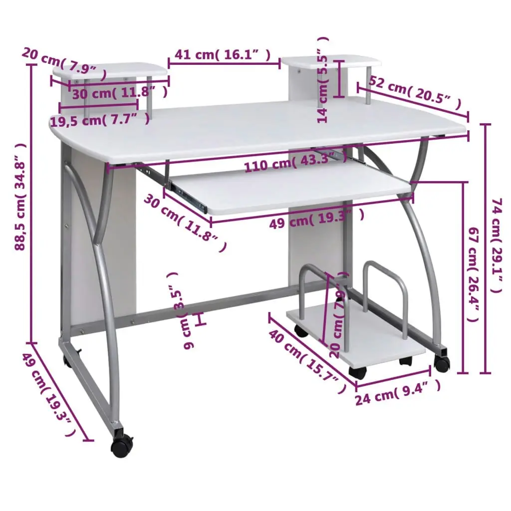 Computer Desk White 110x52x88.5 cm Engineered Wood 20584