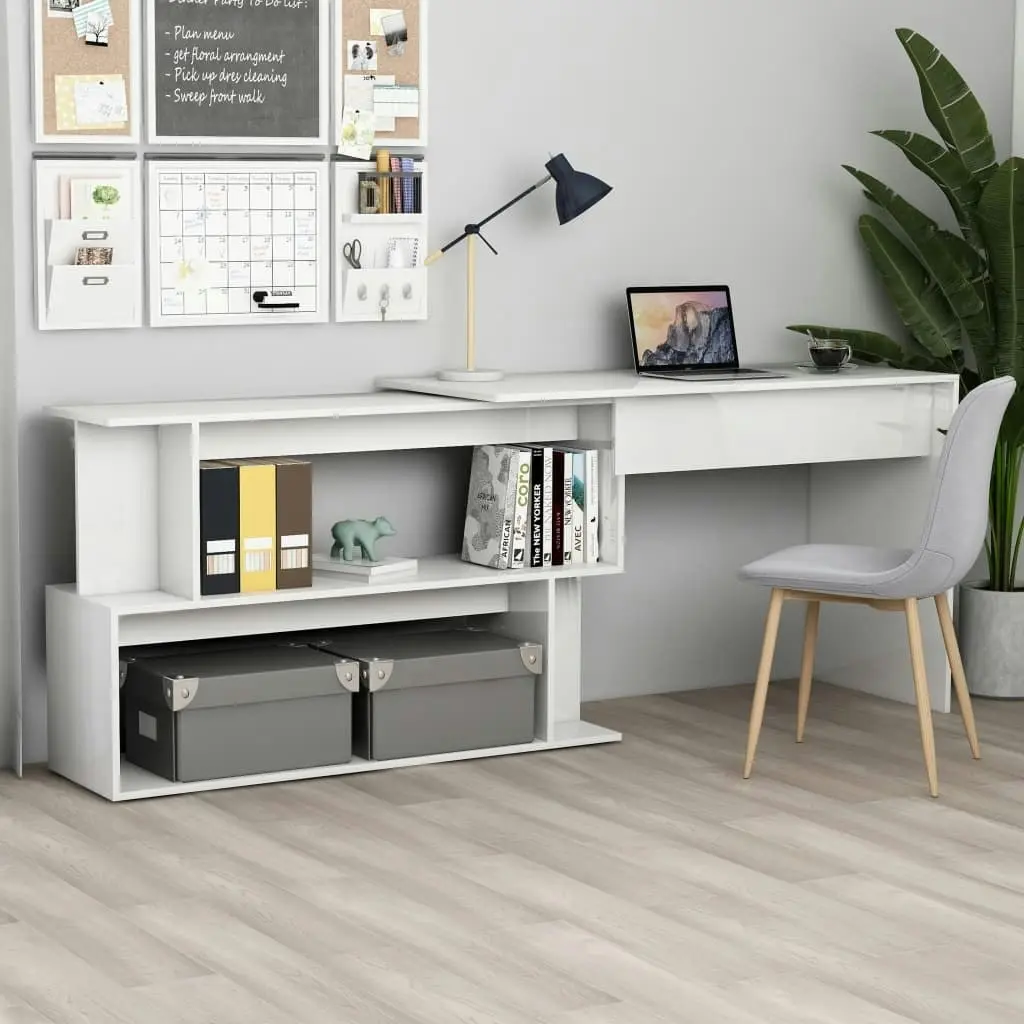 Corner Desk High Gloss White 200x50x76 cm Engineered Wood 801104