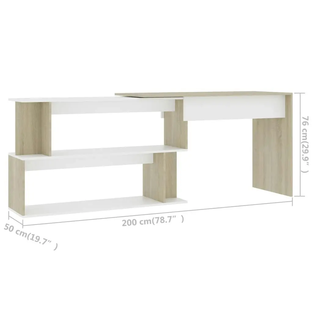 Corner Desk White and Sonoma Oak 200x50x76 cm Engineered Wood 801103