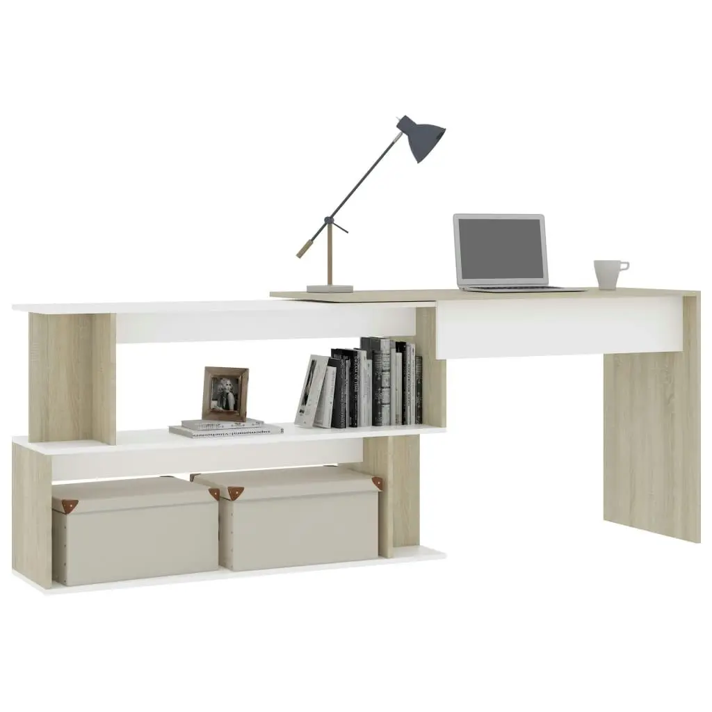 Corner Desk White and Sonoma Oak 200x50x76 cm Engineered Wood 801103