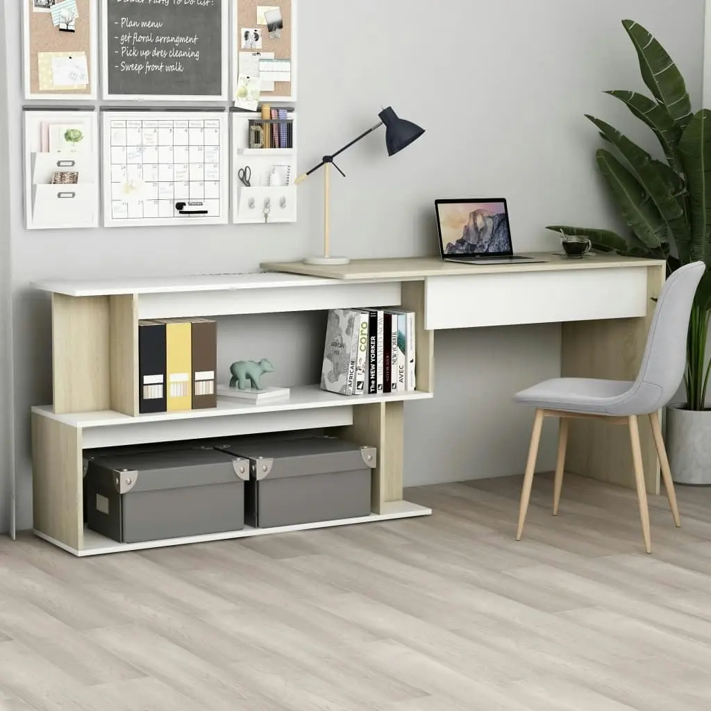 Corner Desk White and Sonoma Oak 200x50x76 cm Engineered Wood 801103