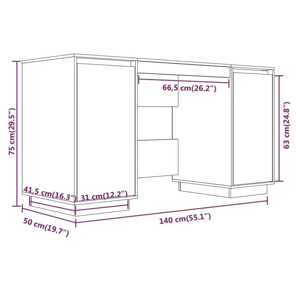 Desk White 140x50x75 cm Solid Wood Pine 814325