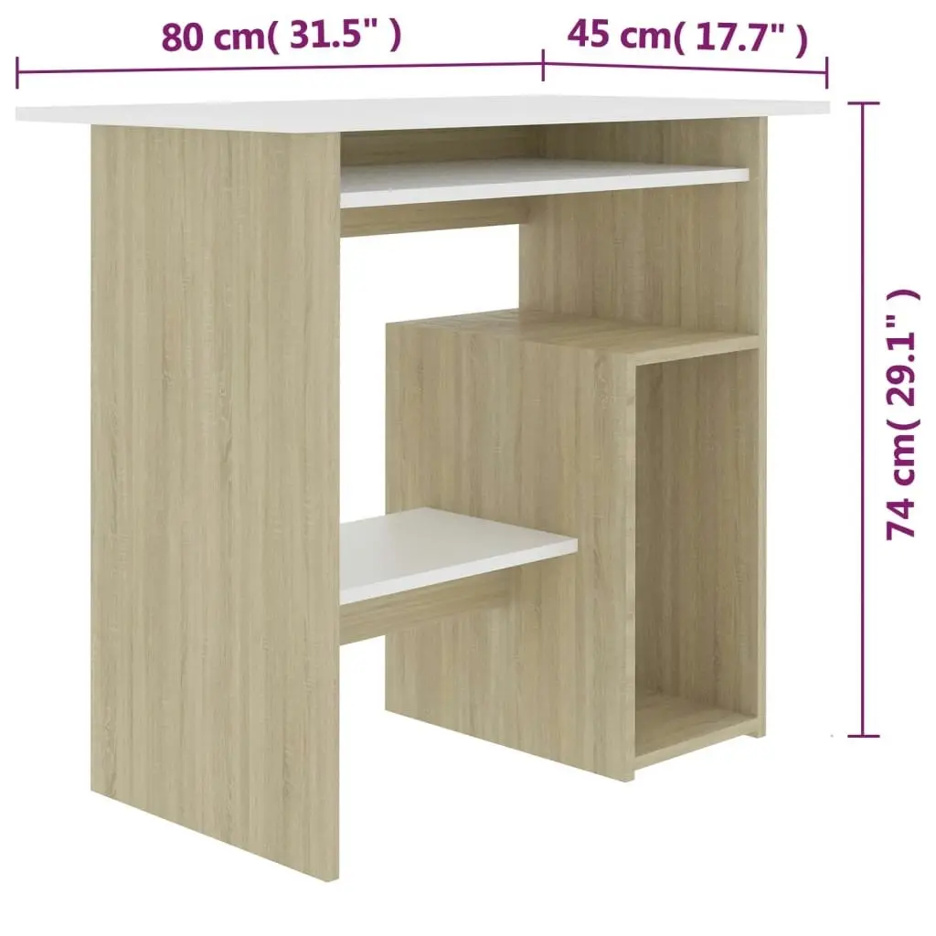 Desk White and Sonoma Oak 80x45x74 cm Engineered Wood 801369