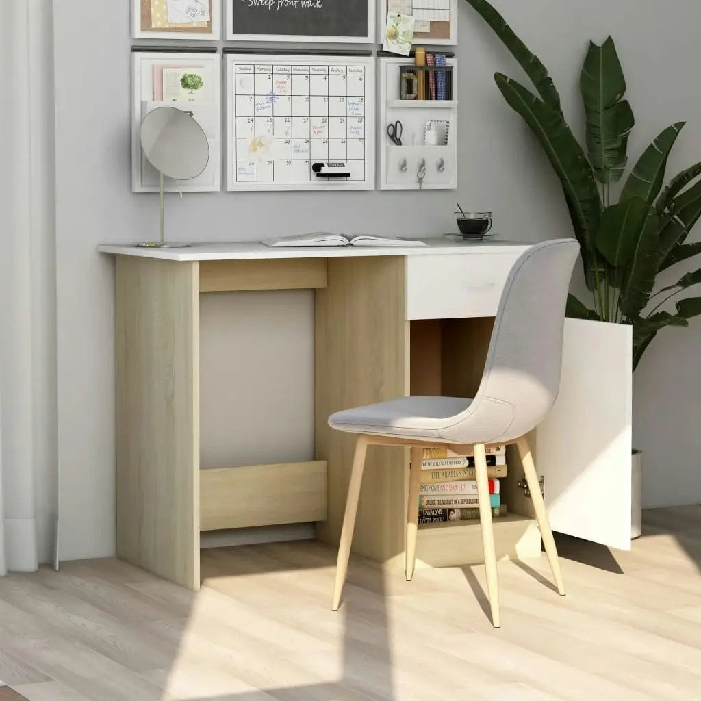 Desk White and Sonoma Oak 100x50x76 cm Engineered Wood 801085