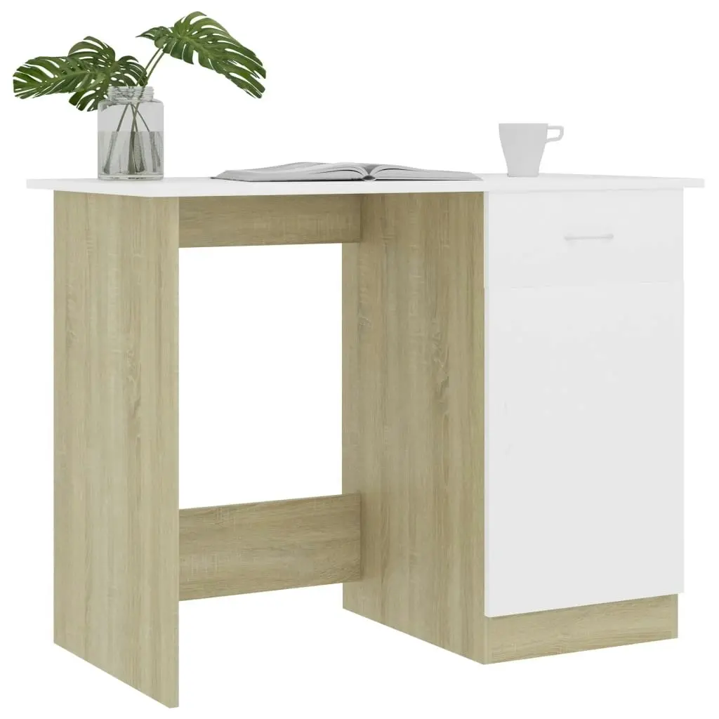 Desk White and Sonoma Oak 100x50x76 cm Engineered Wood 801085