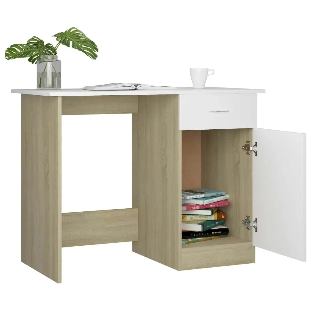 Desk White and Sonoma Oak 100x50x76 cm Engineered Wood 801085