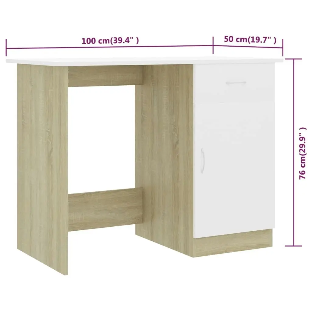 Desk White and Sonoma Oak 100x50x76 cm Engineered Wood 801085