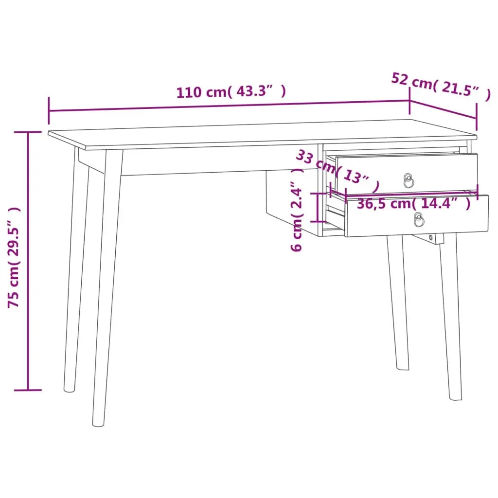 Desk with 2 Drawers 110x52x75 cm Solid Wood Teak 340738