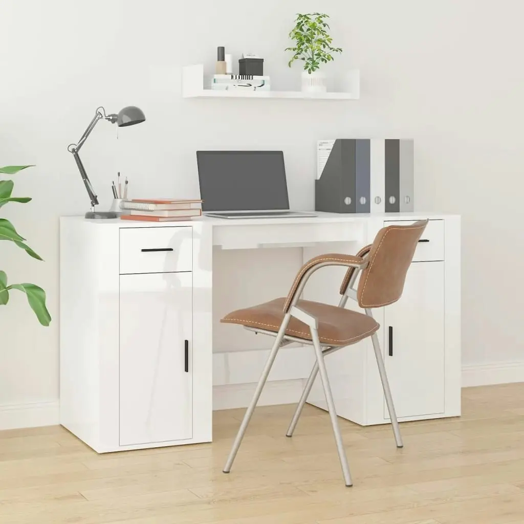 Desk with Cabinet High Gloss White Engineered Wood 3185433