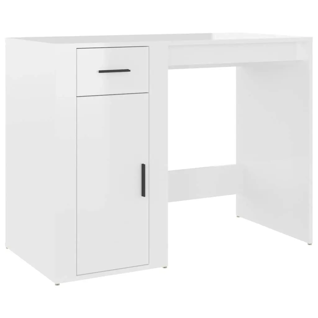 Desk with Cabinet High Gloss White Engineered Wood 3185433