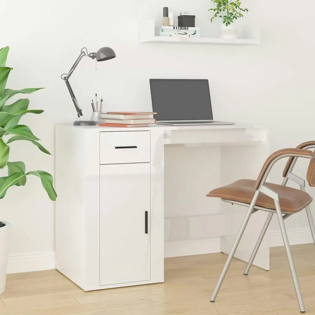 Desk with Cabinet High Gloss White Engineered Wood 3185433