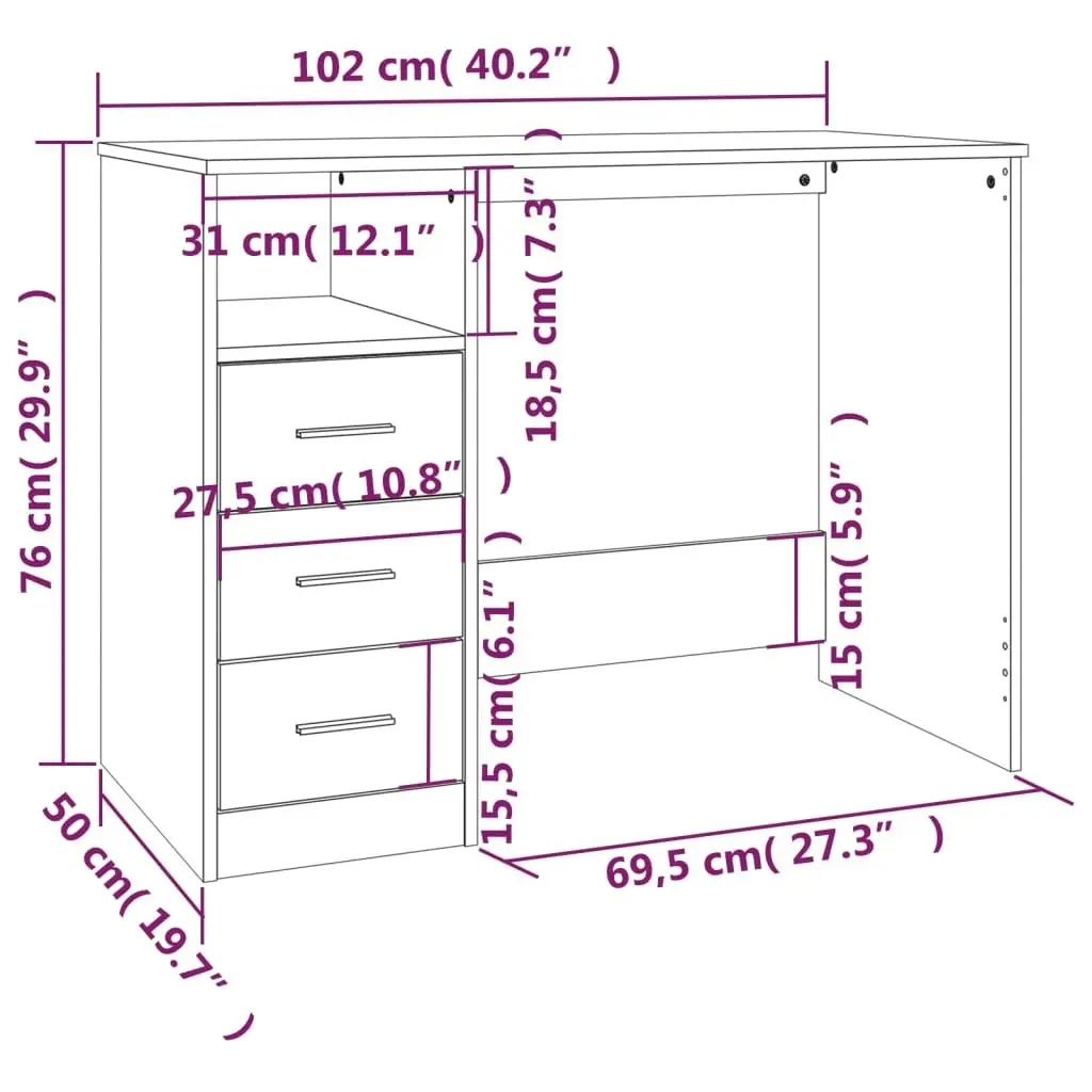 Desk with Drawers Black 102x50x76 cm Engineered Wood 823033