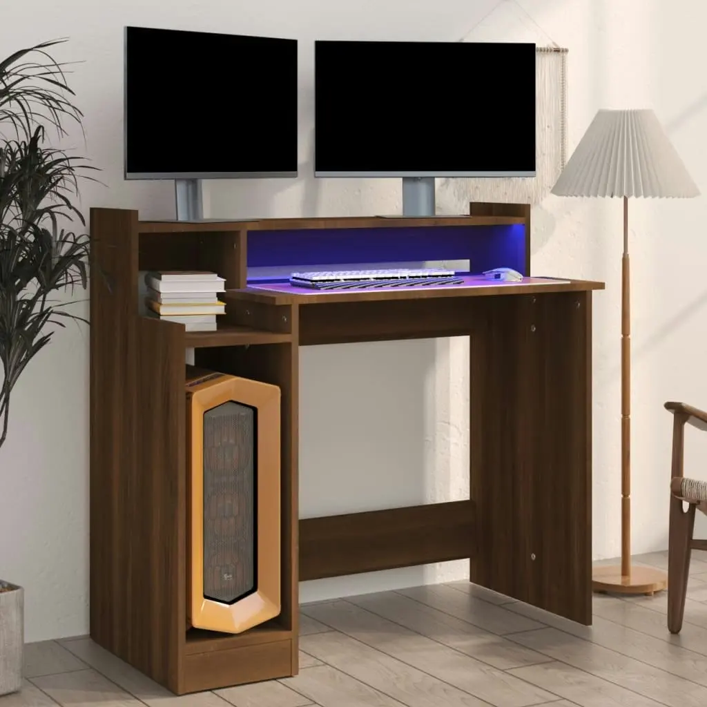 Desk with LED Lights Brown Oak 97x45x90 cm Engineered Wood 820477