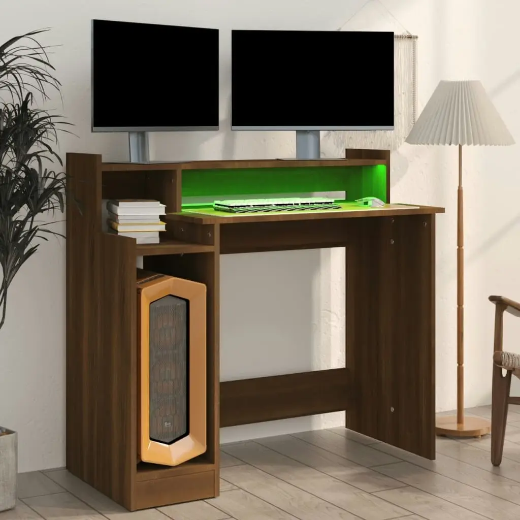 Desk with LED Lights Brown Oak 97x45x90 cm Engineered Wood 820477