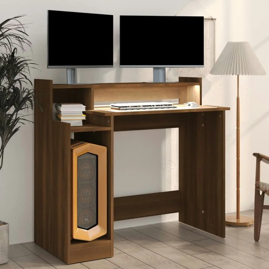 Desk with LED Lights Brown Oak 97x45x90 cm Engineered Wood 820477