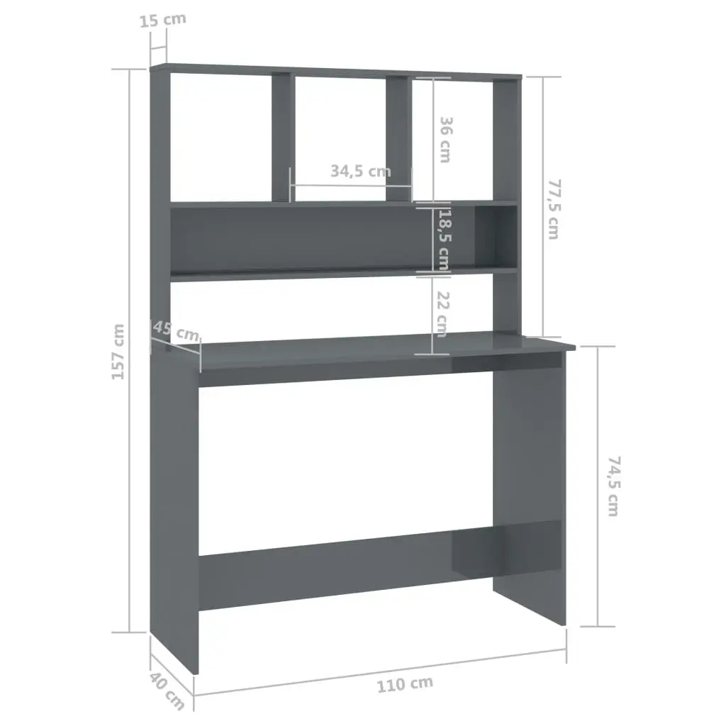 Desk with Shelves High Gloss Grey 110x45x157 cm Engineered Wood 800395