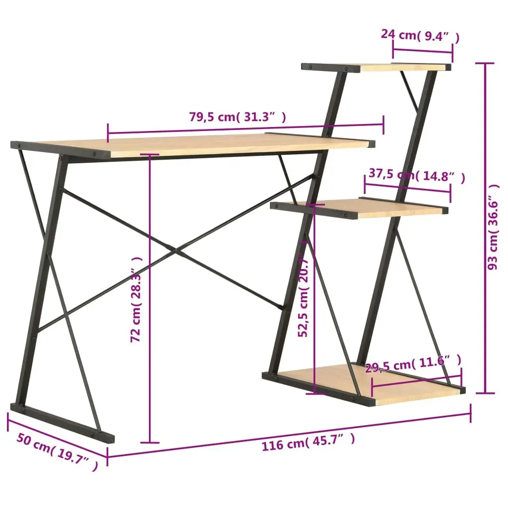 Desk with Shelf Black and Oak 116x50x93 cm 20289