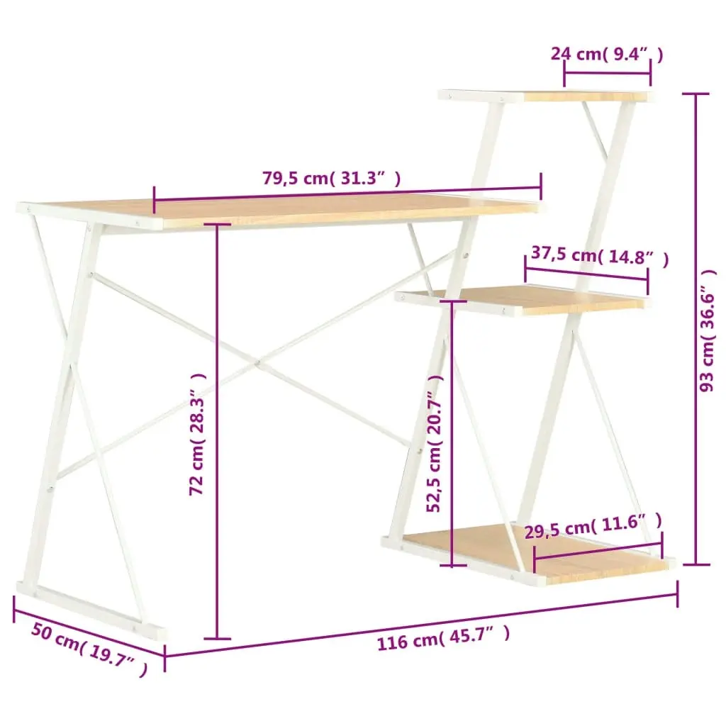 Desk with Shelf White and Oak 116x50x93 cm 20291