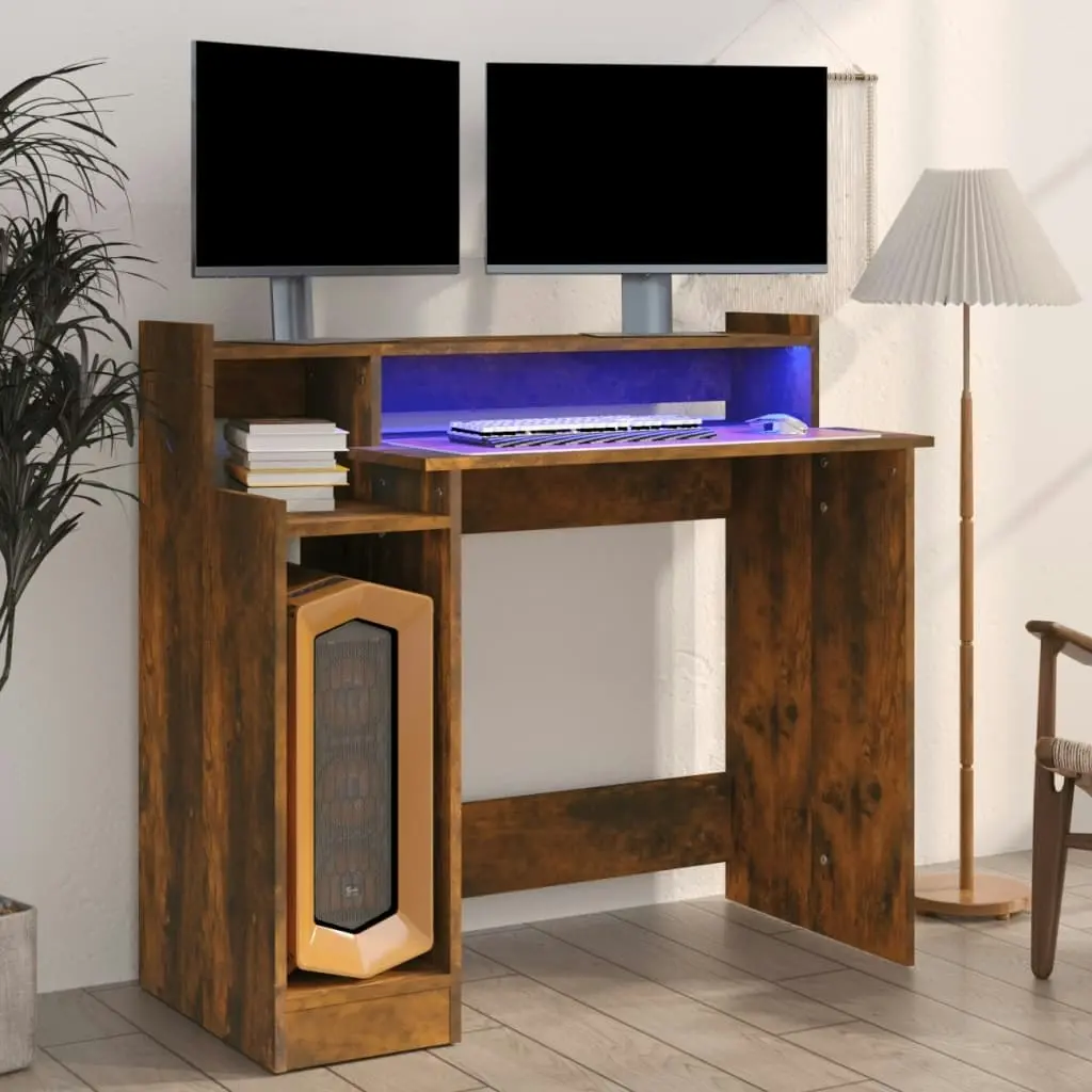 Desk with LED Lights Smoked Oak 97x45x90 cm Engineered Wood 820475