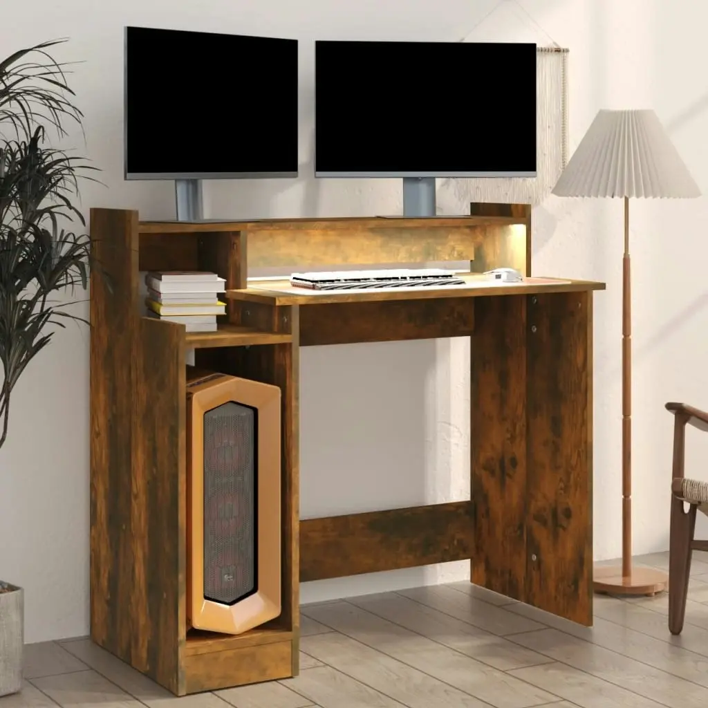 Desk with LED Lights Smoked Oak 97x45x90 cm Engineered Wood 820475