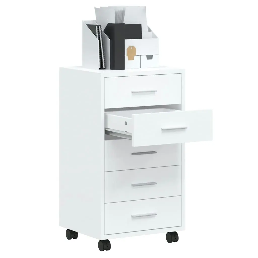 Drawer Cabinet with Castors High Gloss White Engineered Wood 342673