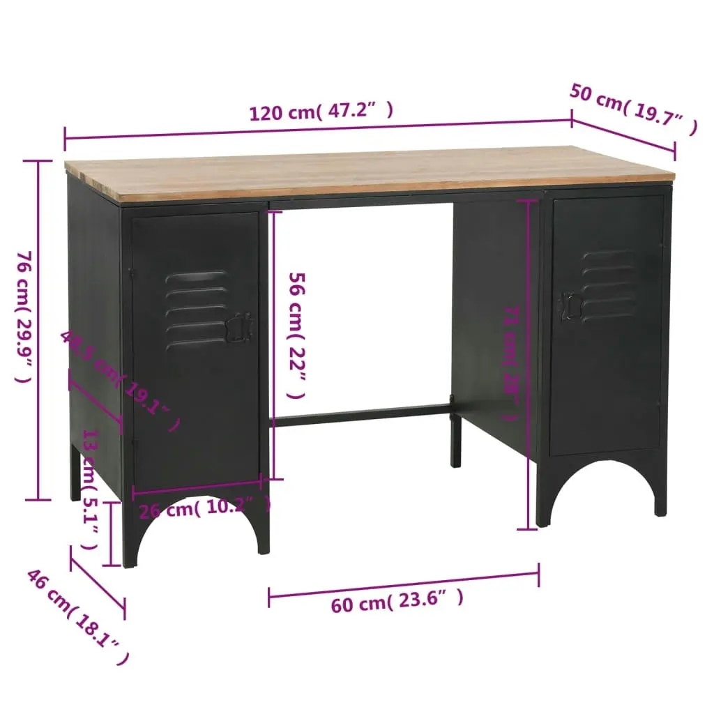 Double Pedestal Desk Solid Firwood and Steel 120x50x76 cm 246422