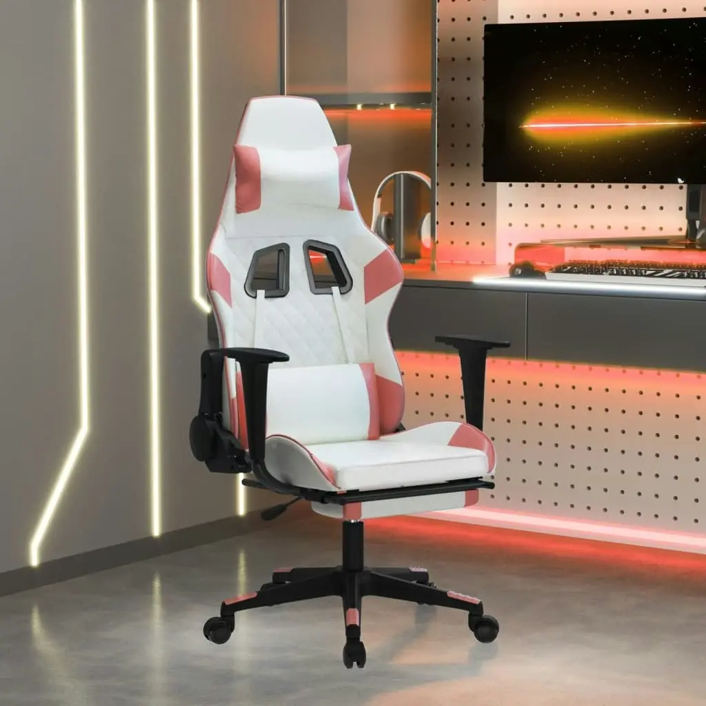 Gaming Chair with Footrest White and Pink Faux Leather 3143772