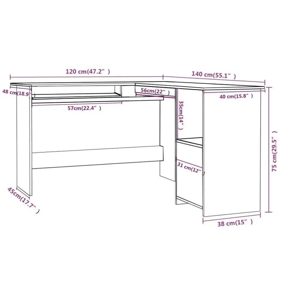 L-Shaped Corner Desk High Gloss White 120x140x75 cm Engineered Wood 800753