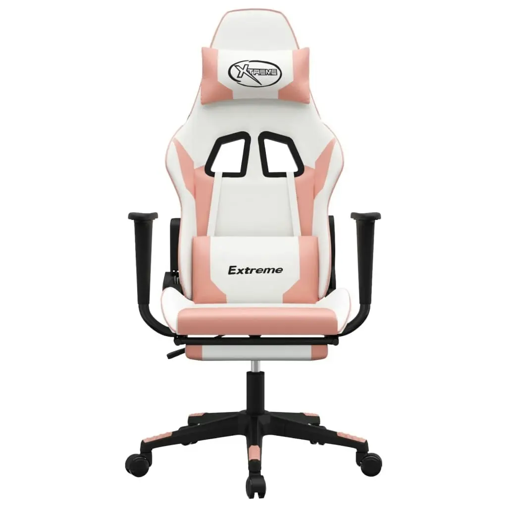 Massage Gaming Chair with Footrest White&Pink Faux Leather 345466