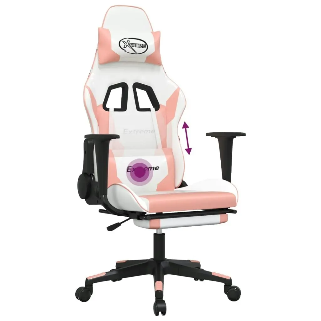 Massage Gaming Chair with Footrest White&Pink Faux Leather 345466