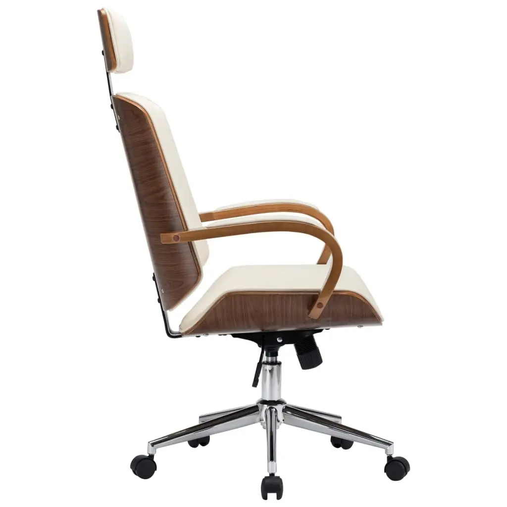 Swivel Office Chair with Headrest Cream Faux Leather and Bentwood 283136