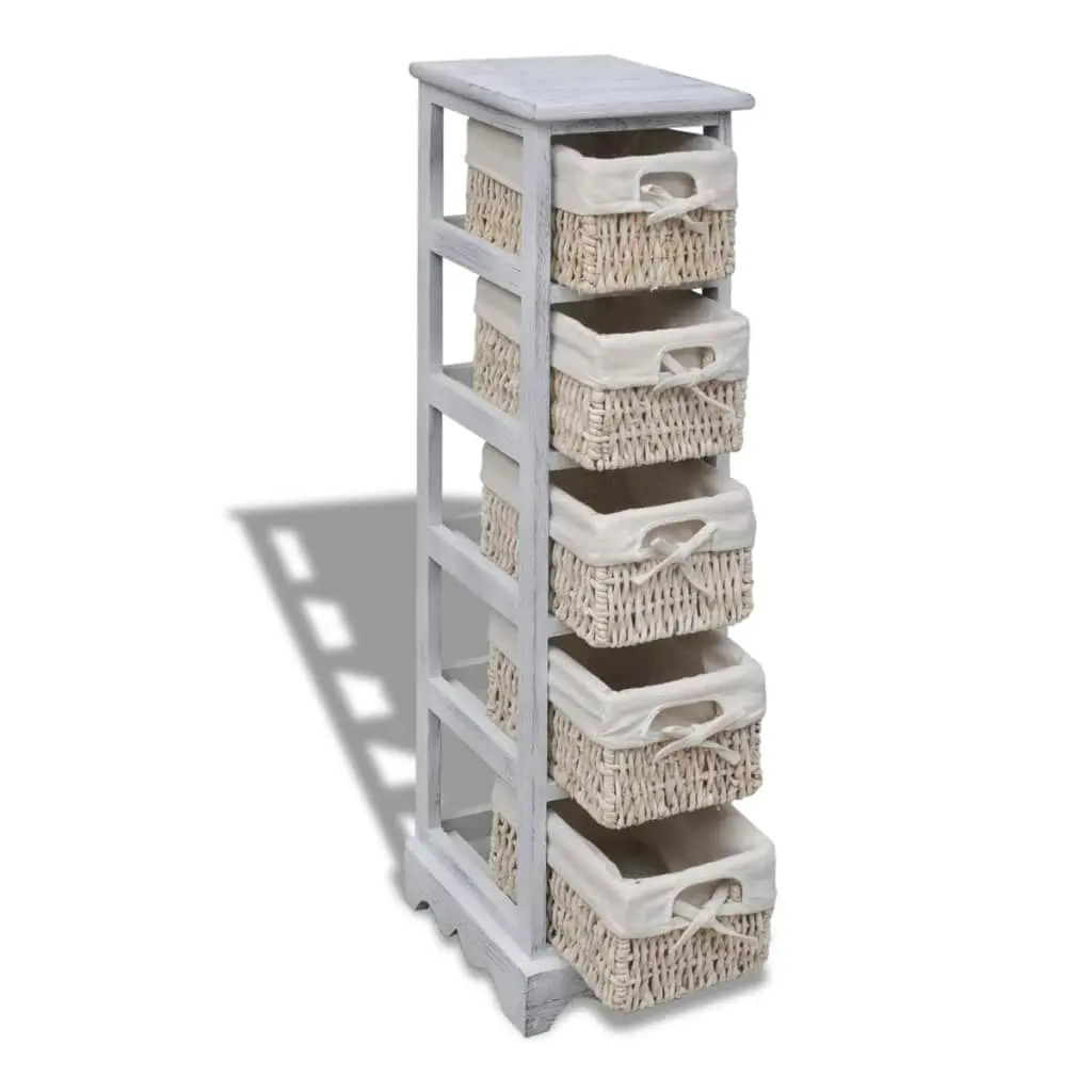 Wooden Storage Rack 5 Weaving Baskets White 240798